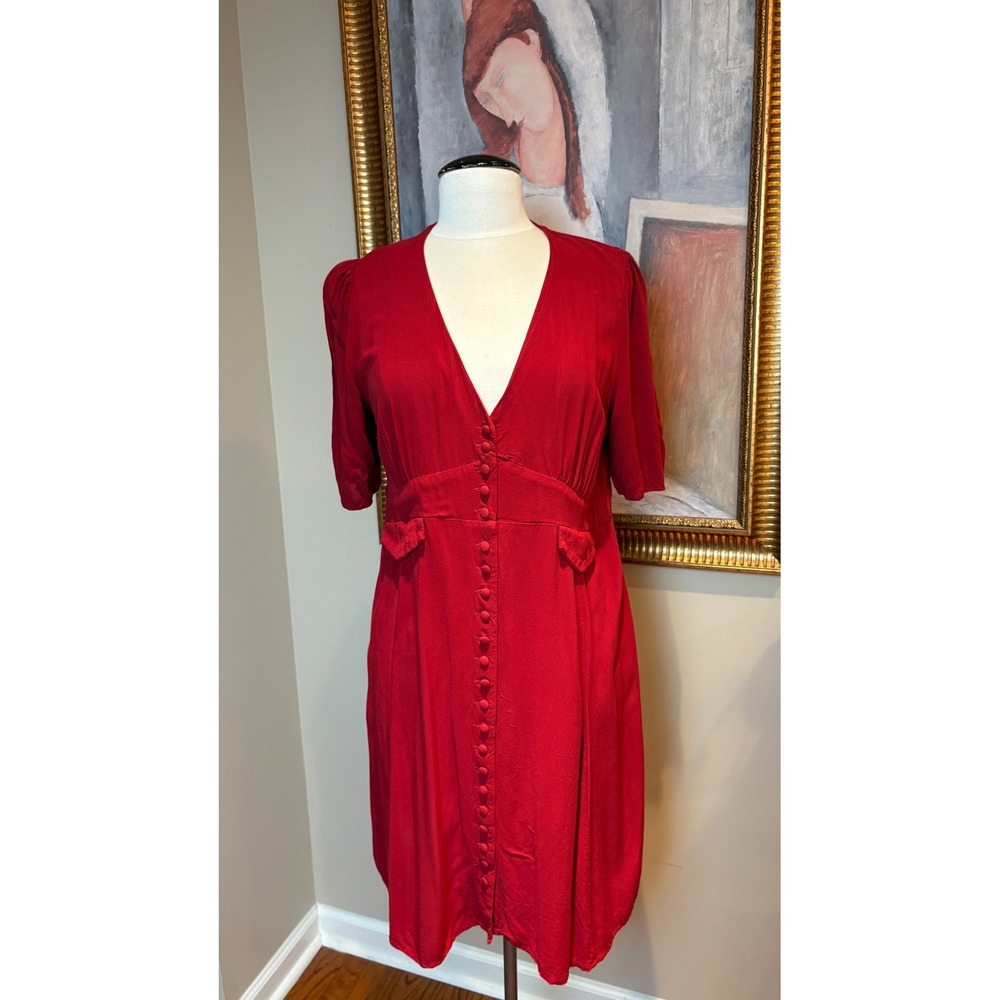 ASOS Design Women Red Button Down Tea Dress V-Neck Puff Sleeve Midi Size US 10